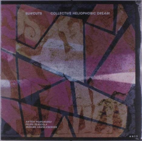 Text: "SUN CUTS COLLECTIVE HELIOPHOBIC DREAM" und "ANTON POVOMAREV FELIPE ZENICOLA MAXIME HAYSEABERGER". Abstrakte geometrische Kunst mit rosa und braunen Formen.