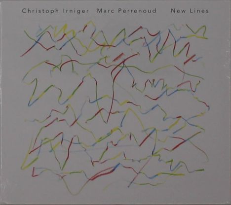 "Christoph Irniger Marc Perrenoud New Lines." Bunte, abstrakte Linien in Rot, Blau, Grün und Gelb auf hellem Hintergrund.