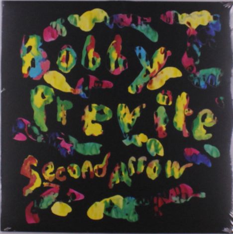 Bunte, abstrakte Buchstaben auf schwarzem Hintergrund: "Bobby Previte, Second Arrow". Farben: Gelb, Grün, Rot, Blau.