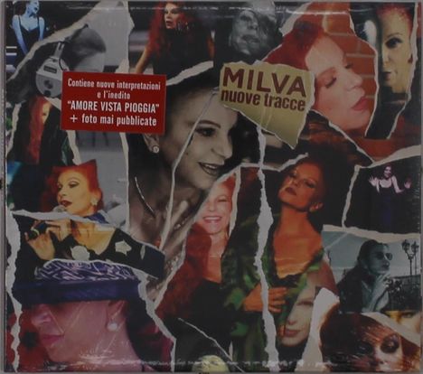 Texte: "Contiene nuove interpretazioni e l'inedito 'AMORE VISTA PIOGGIA' + foto mai pubblicate" und "MILVA nuove tracce", Collage.