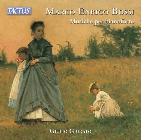 "Marco Enrico Bossi, Musiche per pianoforte, Giulio Giurato". Gemälde von drei Frauen in historischer Kleidung auf einer Wiese.
