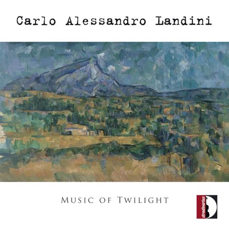 Text: "Carlo Alessandro Landini, Music of Twilight." Malerische Landschaft mit Berg in blauen und grünen Tönen.