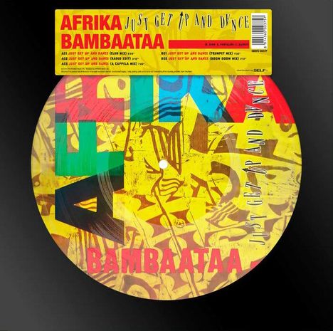 "AFRIKA BAMBAATAA Just Get Up and Dance" steht oben. Eine Vinyl-Schallplatte mit buntem, abstraktem Design.