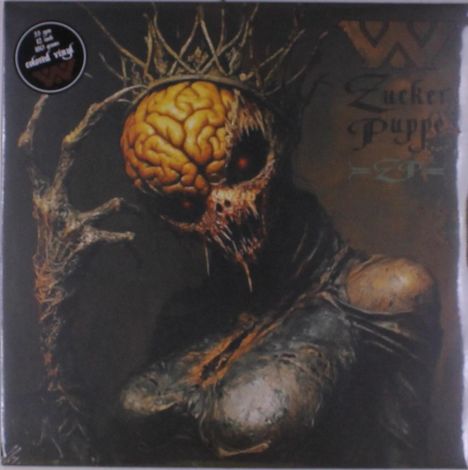 Text: „Zucker Puppy“ und „ZP“. Dunkle, unheimliche Kreatur mit Krone und freiliegendem Gehirn in einem düsteren Stil.