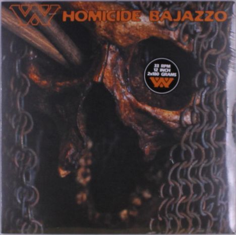 "XX HOMICIDE BAJAZZO" und "33 RPM 12 INCH 2x180 GRAMS". Rostiger Schädel, Kettenstruktur.