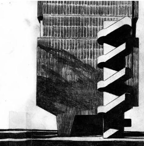Es gibt keinen sichtbaren Text. Eine künstlerische Illustration zeigt ein modernes Gebäude mit einer markanten Wendeltreppe.