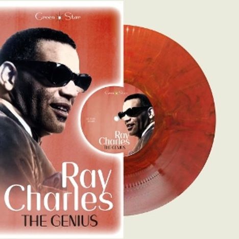 "Ray Charles THE GENIUS." Porträt eines Mannes mit Sonnenbrille, daneben eine rote Vinyl-Schallplatte.