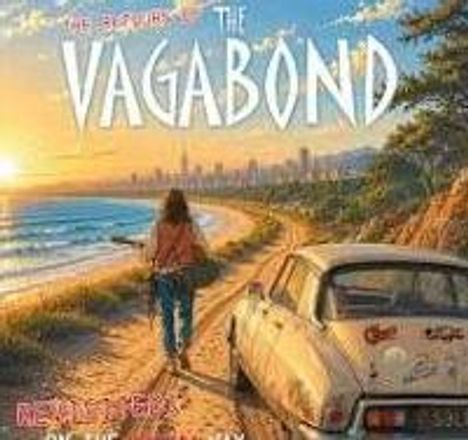 "The return of the Vagabond" und "Headlights on the Highway" stehen in kräftigen Lettern. Eine Person spaziert am Strand, nahe eines alten Autos.
