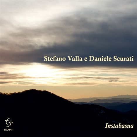 Text: "Stefano Valla e Daniele Scurati, Instabasua." Logo unten links. Silhouetten von Hügeln unter einem dramatischen Himmel.