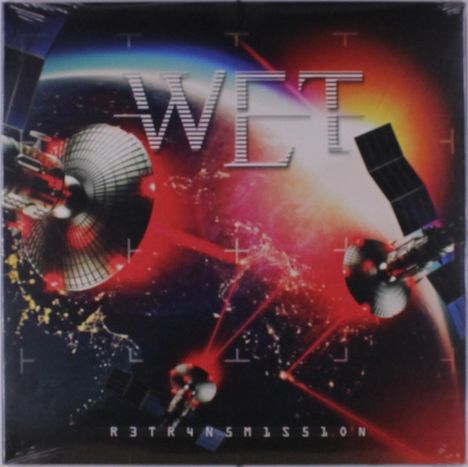 Oben "WET", unten "RETR4NSM1SS10N". Satelliten umkreisen die Erde vor einem bunten Weltraumhintergrund.