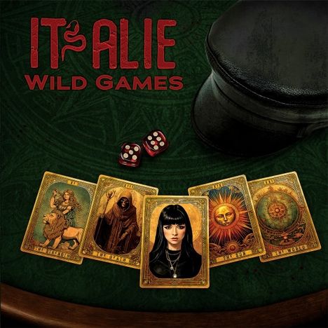 „IT’S ALIE WILD GAMES“. Tarotkarten, ein schwarzer Hut und Würfel auf grünem Grund.