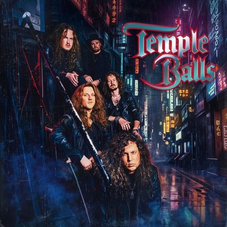 „Temple Balls“ in roter Schrift. Eine Band posiert in einer beleuchteten, regnerischen Stadtlandschaft.