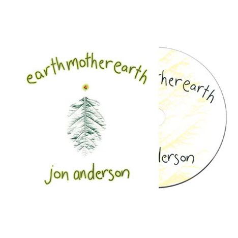 Der Text "earthmotherearth" und "jon anderson" steht über und unter einem grünen Blatt. Rechts ist eine CD-Hülle halb sichtbar.