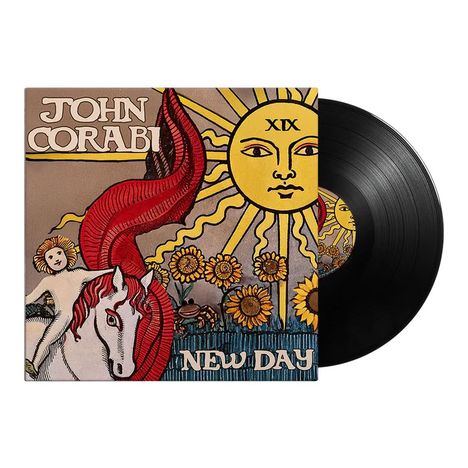 JOHN CORABI, NEW DAY. Illustration mit Sonne, Einhorn und Sonnenblumen.