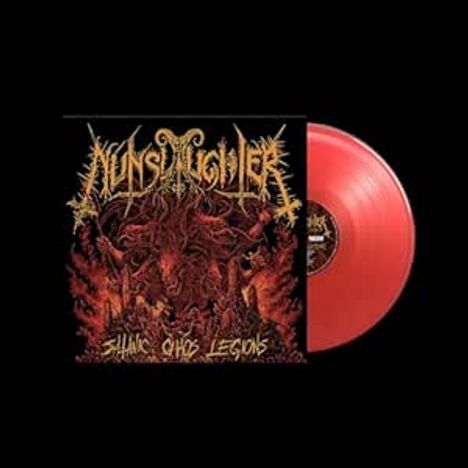 Text: "Nunslaughter," "Shung Chaos Legions." Illustration eines roten, dämonischen Wesens; dazu eine rote Schallplatte.