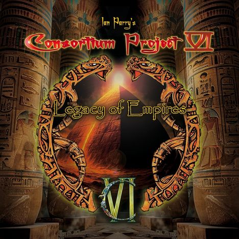 Text: "Ian Parry's Consortium Project VI", "Legacy of Empires". Zwei Drachen umschließen eine Pyramide, umgeben von Säulen.