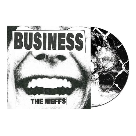 Texte: "BUSINESS", "THE MEFFS". Schwarz-weißes Design mit einem lachenden Gesicht und einem CD-Muster rechts.