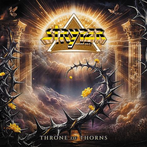 "STRYPER" und "Throne of Thorns" in einer strahlenden himmlischen Szene mit einem Dornenkranz und gelben Blumen.