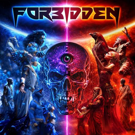 Der Text "FORBIDDEN" steht oben. Eine Illustration zeigt blaue und rote Fantasiefiguren um einen Schädel mit einem Auge.