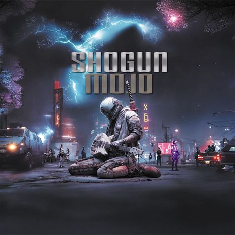 "SHOGUN MOJO" in hellem Stil, futuristische Stadt mit neonbeleuchteten Elementen, Person mit Gitarre und Samurai-Schwert.