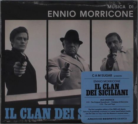 Text: "ENNIO MORRICONE", "IL CLAN DEI SICILIANI", "C A M SUGAR". Drei Männer halten Pistolen, in Schwarz-Weiß.