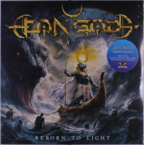 "Reborn to Light". Illustration eines ägyptischen Gottes mit Stab auf einem Boot, umgeben von düsteren Figuren und einem großen Kopf.