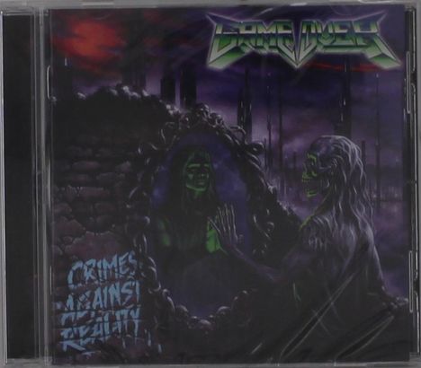 Text: "CRIMES AGAINST REALITY". Eine Skelettfigur betrachtet sich in einem Spiegel, Stadt im Hintergrund.