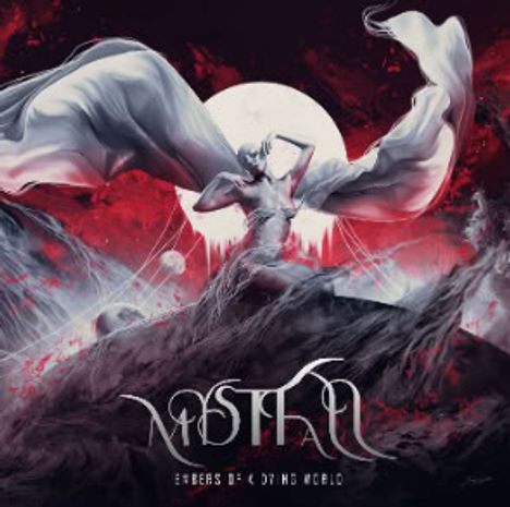 Mystik, Embers of a Dying World. Eine Figur vor einem roten, stürmischen Hintergrund mit weißen Tüchern und einem Vollmond.