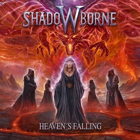 "Shadowborne" und "Heaven's Falling" sind groß geschrieben. Ritterähnliche Figuren in dunklen Roben, roter Drache im Hintergrund.
