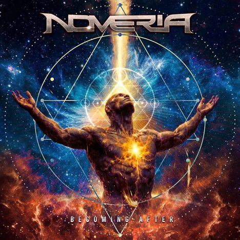 „NOVERIA“ oben, „BECOMING AFTER“ unten. Illustration eines energetischen Menschen vor kosmischem Hintergrund.
