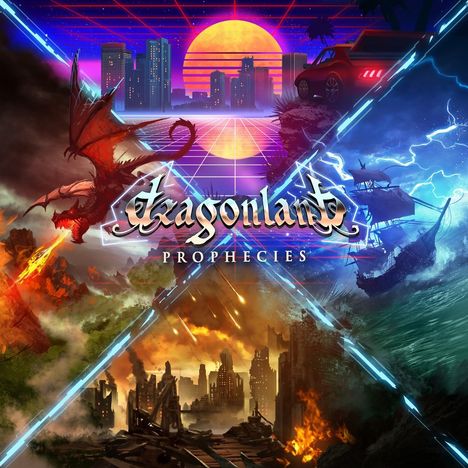 Text: "Hexagonland Prophecies". Illustration mit Drachen, Sonnenuntergang, Auto, Schiffen, Stadtlandschaften, Blitz und Feuer.