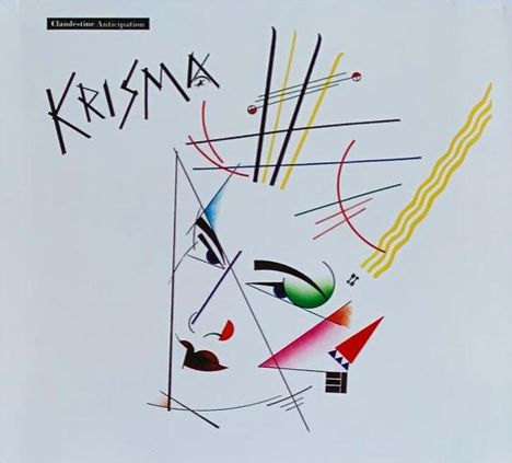 Text: "Krisma". Darunter abstrakte, geometrische Formen bilden das Gesicht einer Person mit bunten, linearen Elementen.
