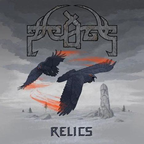Oben in stilisierter Schrift steht „Relics“. Zwei schwarze Vögel mit leuchtenden Flügeln fliegen über eine verschneite Landschaft.