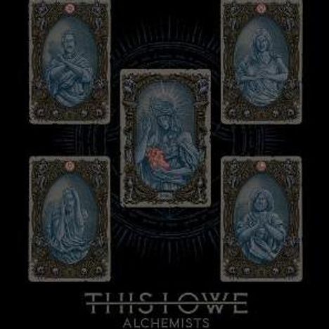 Text: "THIS LOWE ALCHEMISTS". Fünf kunstvoll verzierte Spielkarten mit mystischen, blauen Figuren in der Mitte.