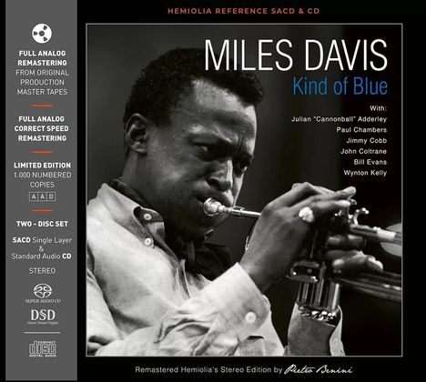 „MILES DAVIS Kind of Blue“ steht neben einem Schwarz-Weiß-Foto von Davis, der Trompete spielt.
