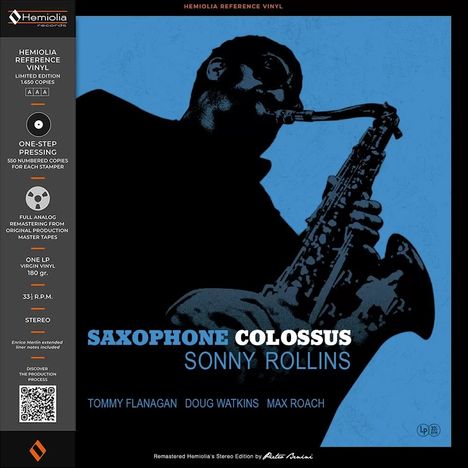 "SAXOPHONE COLOSSUS" und "SONNY ROLLINS" in Blau. Silhouette eines Saxophonspielers vor blauem Hintergrund.