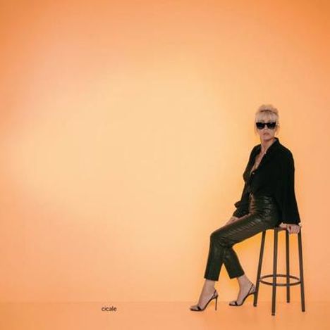 Text: "cicale". Eine Person mit Sonnenbrille sitzt lässig auf einem Hocker vor einem orangefarbenen Hintergrund.