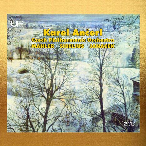 „Karel Ančerl, Czech Philharmonic Orchestra, Mahler, Sibelius, Janáček“. Ein winterliches Landschaftsgemälde mit Bäumen.