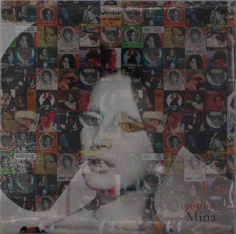 1963/1967 Mina. Ein Porträt aus vielen kleinen Albumcovern, mit einem großen Gesicht darüber.