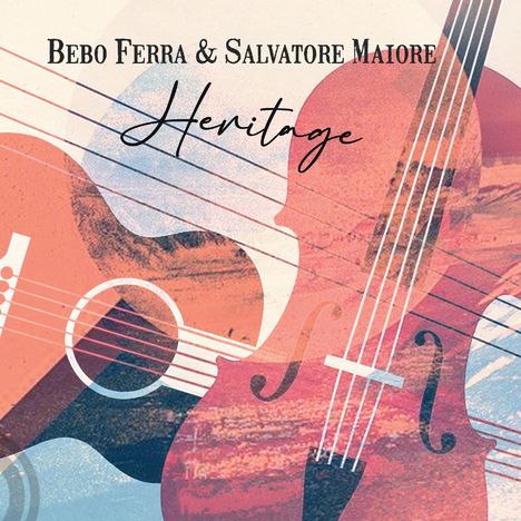 "Bebo Ferra & Salvatore Maiore Heritage" steht geschrieben. Eine künstlerische Illustration von überlappenden Gitarren und Geigen.