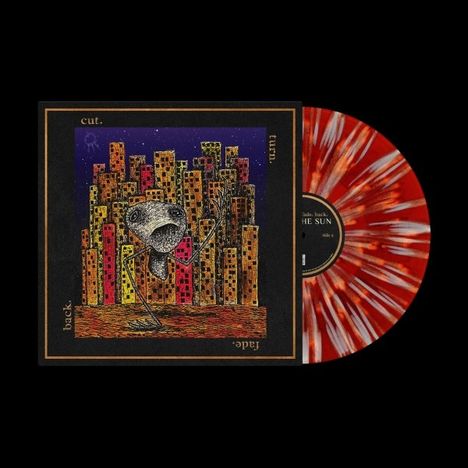 Texte: "cut. turn. fade. back." Illustration: Eine Figur vor bunten Hochhäusern, Schallplatte in Rot-Orange daneben.