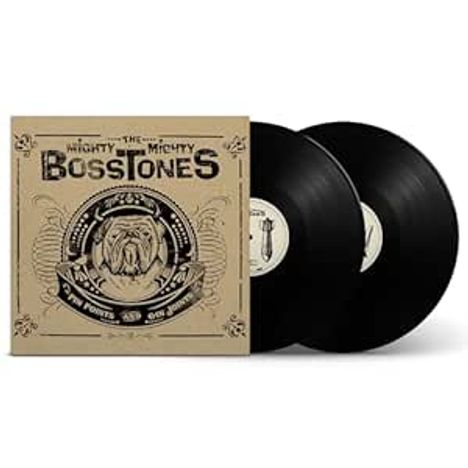 „The Mighty Mighty Bosstones“. Illustration eines Bulldogs mit Krone. Zwei schwarze Schallplatten sichtbar.