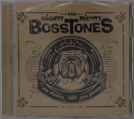 „The Mighty Mighty Bosstones“ und „Pin Points and Gin Joints“. Illustration eines Hundes mit Mütze in stilisiertem Rahmen.