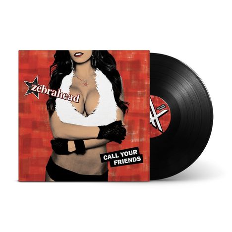 „zebrahead“, „CALL YOUR FRIENDS“. Eine Frau mit weißen und schwarzen Accessoires vor rotem Hintergrund. Vinyl-Schallplatte.