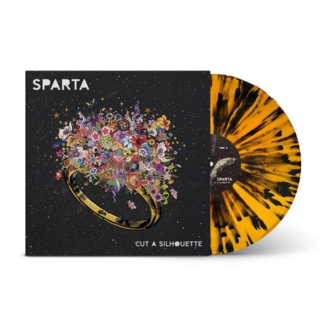 "SPARTA", "CUT A SILHOUETTE". Ein greller, bunter Blumenstrauß auf schwarzem Hintergrund, daneben eine gelb-schwarze Vinyl.