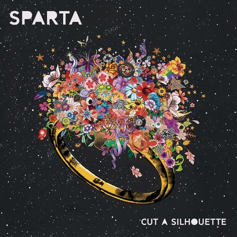 Text: "SPARTA", "CUT A SILHOUETTE". Eine bunte Blumenexplosion in einem kosmischen, sternenklaren Hintergrund.