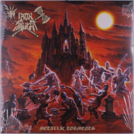Text: "Metallic Torments". Eine Burg vor rotem Himmel mit Kriegern und mystischen Figuren. Heldenhafte und düstere Atmosphäre.