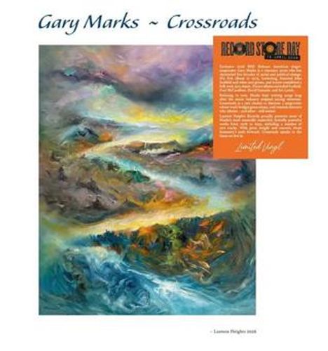 Texte: "Gary Marks ~ Crossroads", "Record Store Day", "Limited Vinyl".  
Illustration eines stürmischen Himmels und Ozeans.
