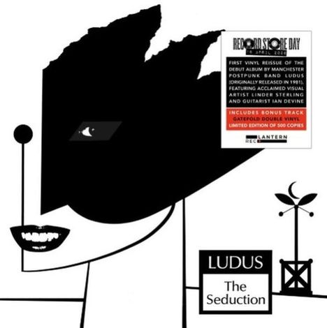 Text: "LUDUS The Seduction" und Details zur Vinyl-Neuauflage. Illustration: abstraktes Gesicht mit schwarzer Maske.