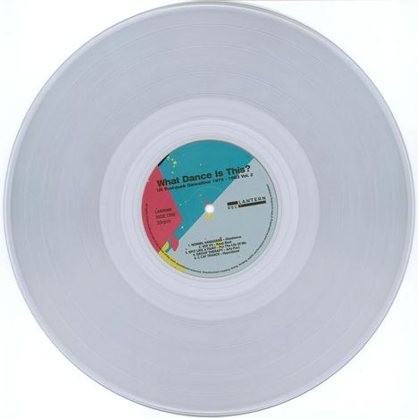 ''What Dance Is This?'' auf farbigem Schallplattenetikett, Liste von sechs Songs, transparentes Vinyl.